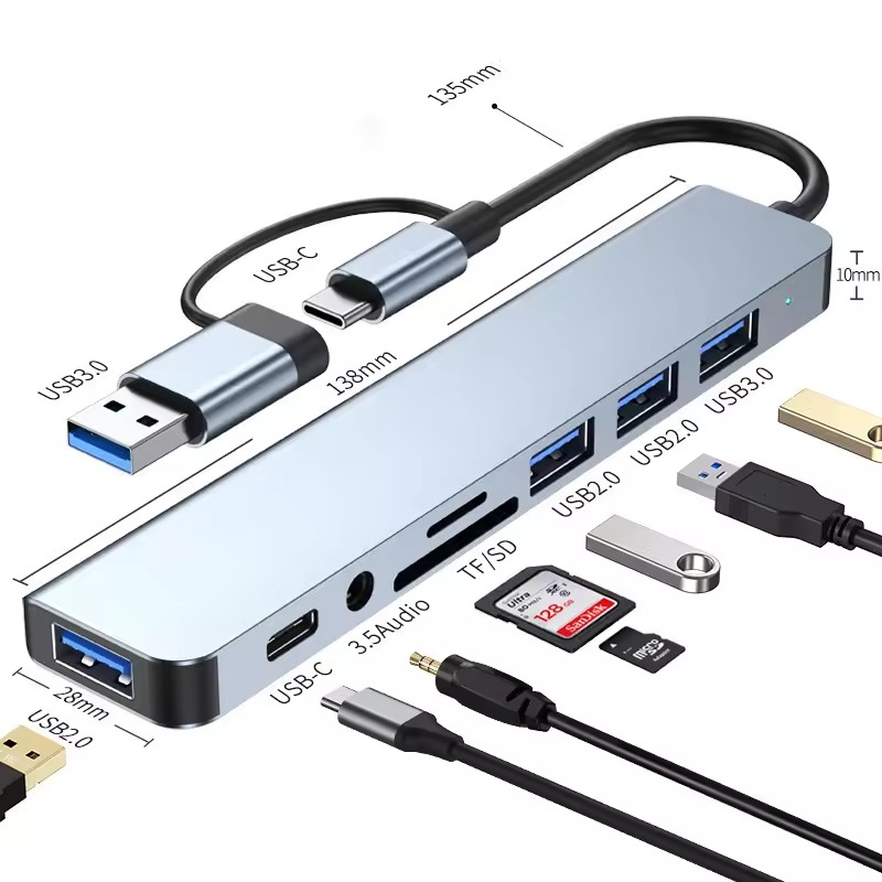 Estación de acoplamiento 8 en 2 USB + tipo C HUB