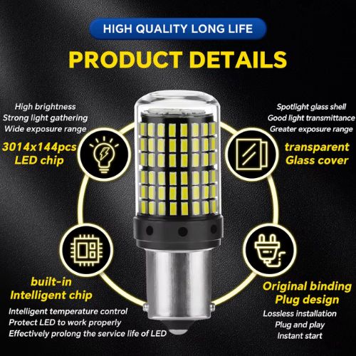 Bombillas LED 7443 W21/5W T20 Doble Contacto — Yirui 144SMD | 12V–48V | 20W | 2200 lm | Rojo / Ámbar